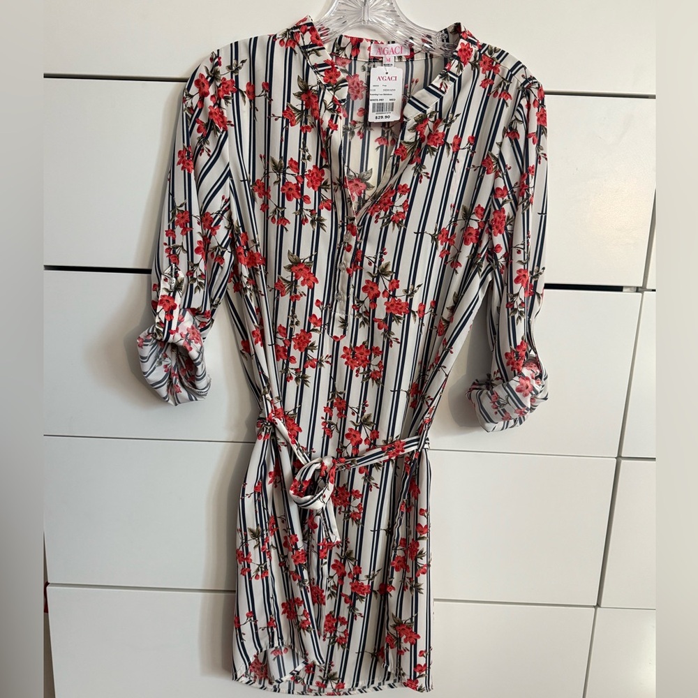 A’gaci pink white navy Floral Striped Long Sleeve Dress